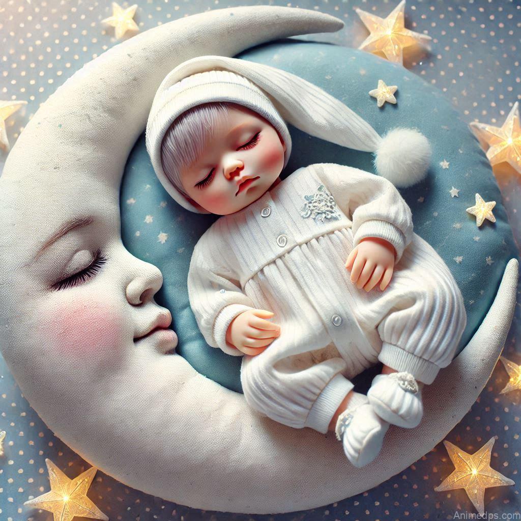 225+ Best Baby Doll Whatsapp Dp 170 A peaceful baby boy doll in soft white pajamas, lying on a crescent moon-shaped cushion with a starry night background