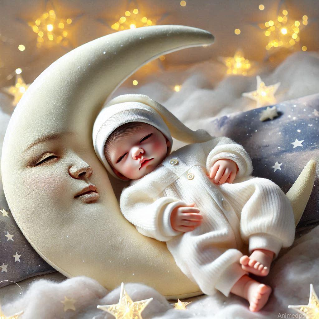 225+ Best Baby Doll Whatsapp Dp 171 A peaceful baby boy doll in soft white pajamas, lying on a crescent moon-shaped cushion with a starry night background