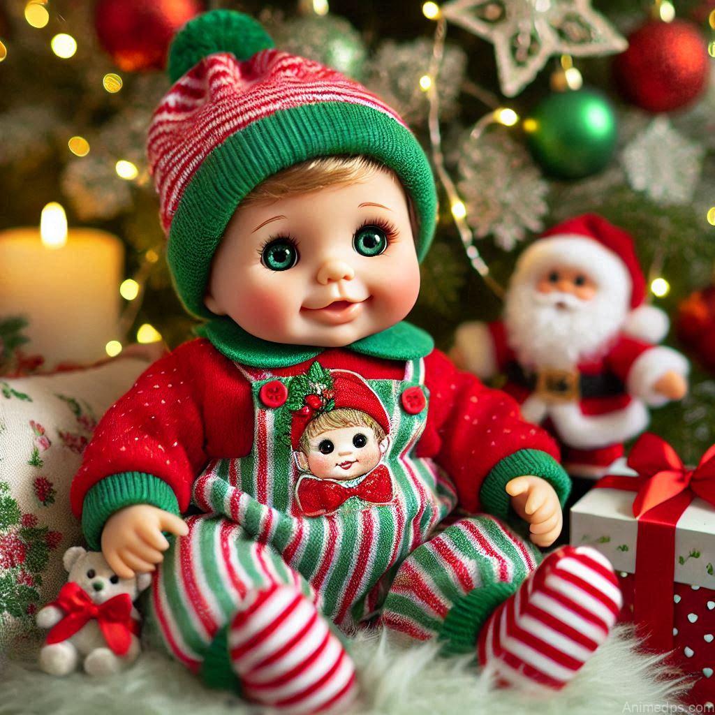 225+ Best Baby Doll Whatsapp Dp 172 A cheerful baby doll dressed in a red and green festive outfit, sitting next to a decorated Christmas tree