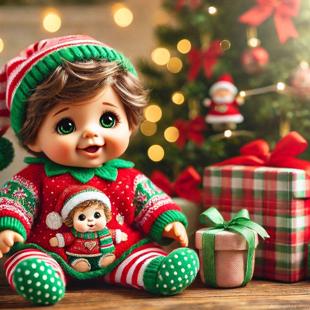 225+ Best Baby Doll Whatsapp Dp 173 A cheerful baby doll dressed in a red and green festive outfit, sitting next to a decorated Christmas tree