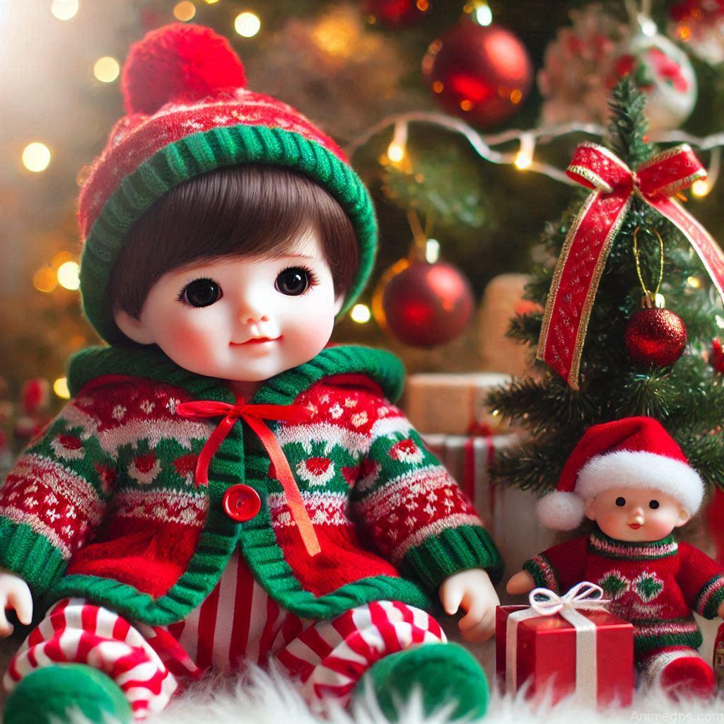 225+ Best Baby Doll Whatsapp Dp 175 A cheerful baby doll dressed in a red and green festive outfit, sitting next to a decorated Christmas tree