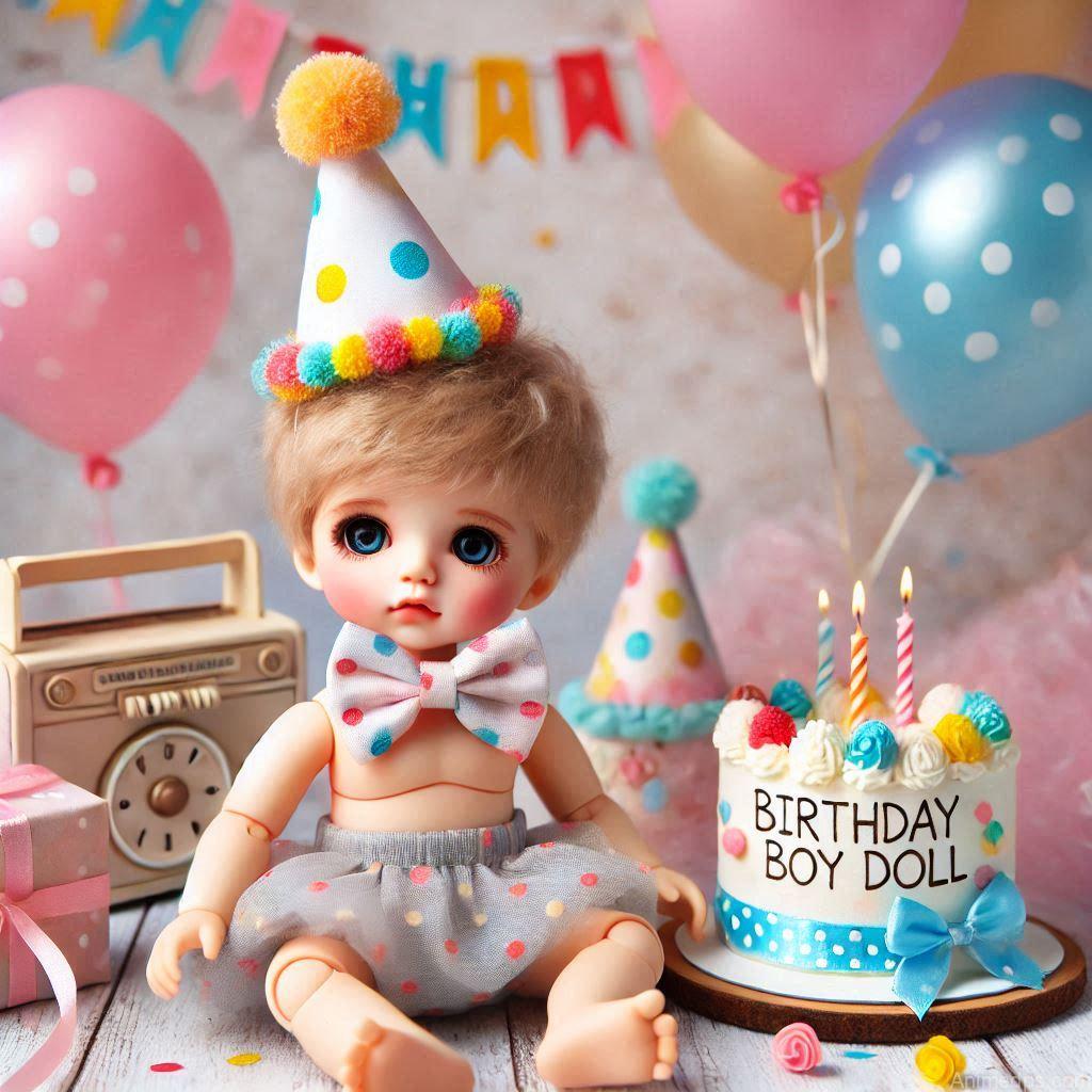 225+ Best Baby Doll Whatsapp Dp 196 A doll wearing a colorful party hat and a bow tie, sitting next to a tiny birthday cake