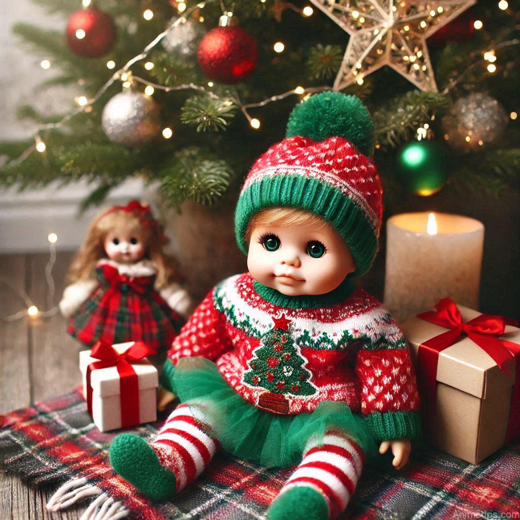 225+ Best Baby Doll Whatsapp Dp 177 A cheerful baby doll dressed in a red and green festive outfit, sitting next to a decorated Christmas tree