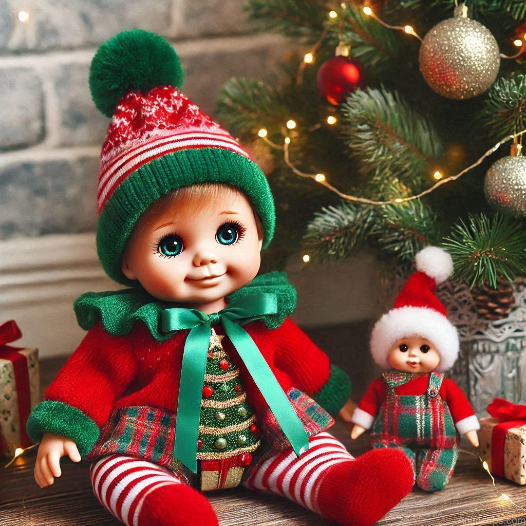 225+ Best Baby Doll Whatsapp Dp 178 A cheerful baby doll dressed in a red and green festive outfit, sitting next to a decorated Christmas tree