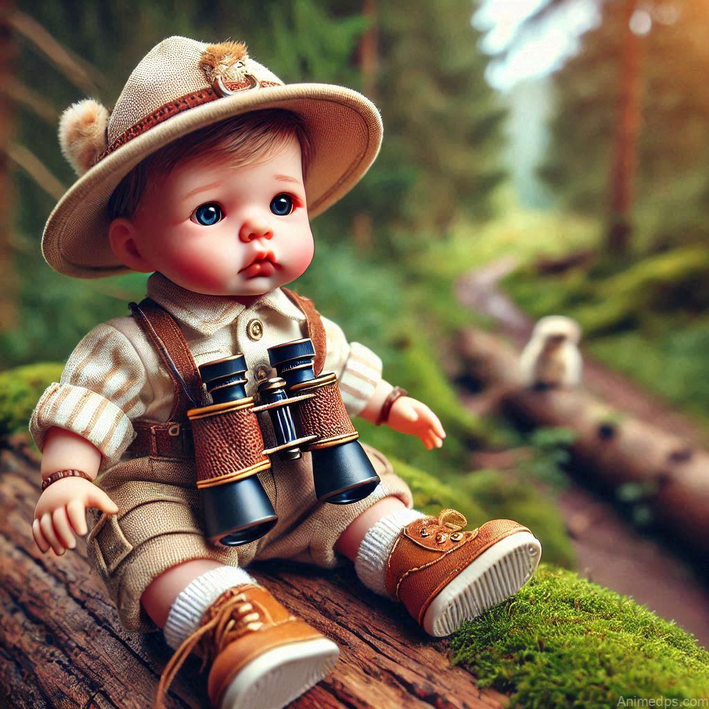 225+ Best Baby Doll Whatsapp Dp 179 A baby doll dressed in a miniature explorer outfit, complete with a tiny hat and binoculars, sitting on a log.