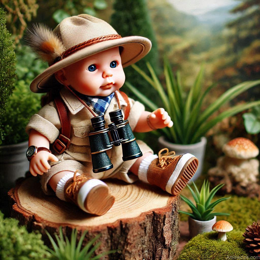 225+ Best Baby Doll Whatsapp Dp 149 A baby doll dressed in a miniature explorer outfit, complete with a tiny hat and binoculars, sitting on a log.