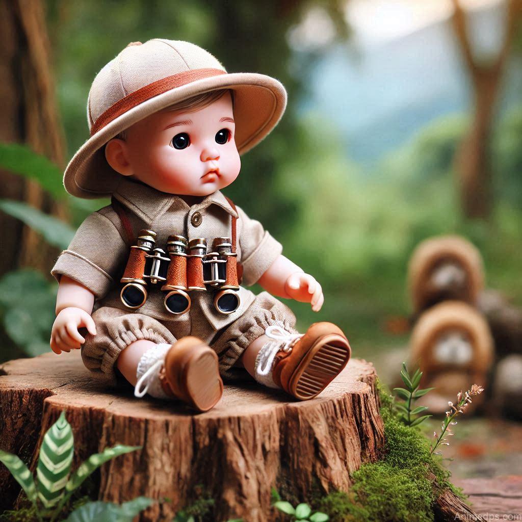 225+ Best Baby Doll Whatsapp Dp 150 A baby doll dressed in a miniature explorer outfit, complete with a tiny hat and binoculars, sitting on a log