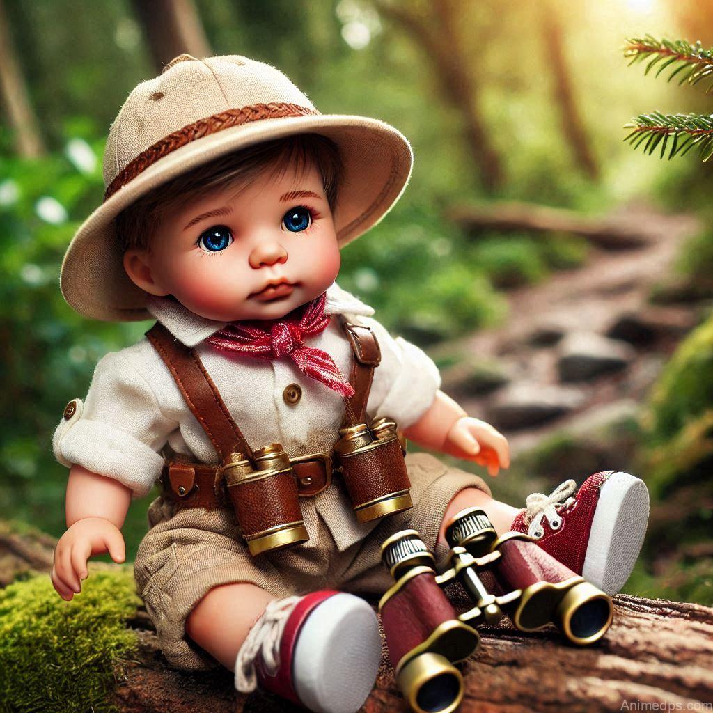 225+ Best Baby Doll Whatsapp Dp 151 A baby doll dressed in a miniature explorer outfit, complete with a tiny hat and binoculars, sitting on a log