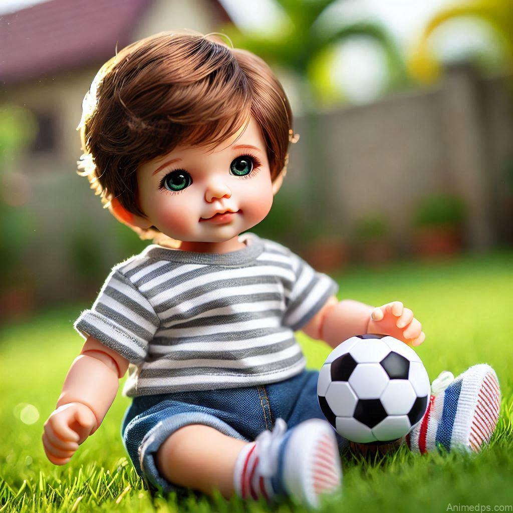 225+ Best Baby Doll Whatsapp Dp 152 A baby boy doll in a casual striped t-shirt and shorts, holding a tiny soccer ball, sitting on a patch of green grass