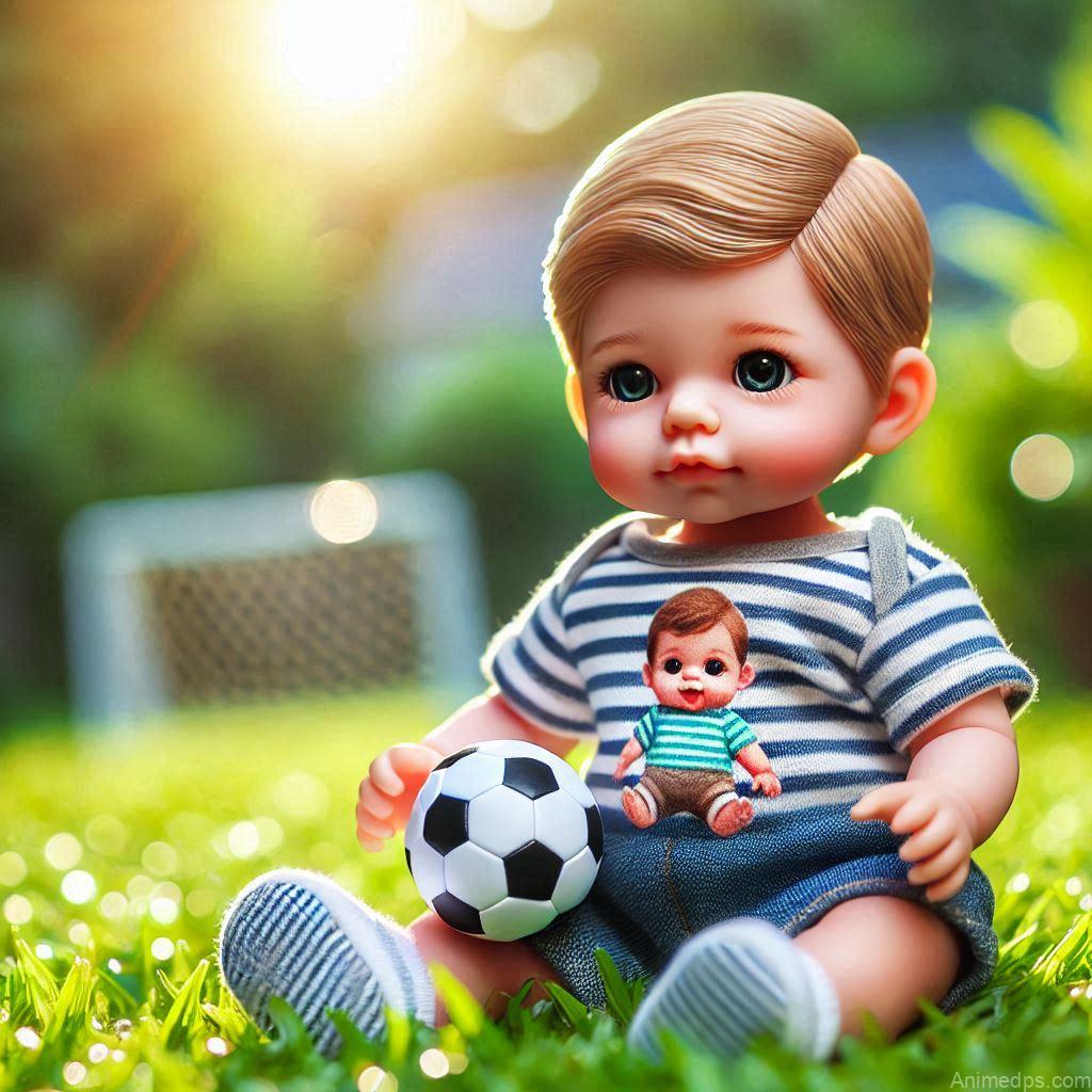 225+ Best Baby Doll Whatsapp Dp 153 A baby boy doll in a casual striped t-shirt and shorts, holding a tiny soccer ball, sitting on a patch of green grass