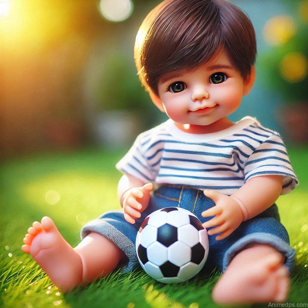 225+ Best Baby Doll Whatsapp Dp 154 A baby boy doll in a casual striped t-shirt and shorts, holding a tiny soccer ball, sitting on a patch of green grass.