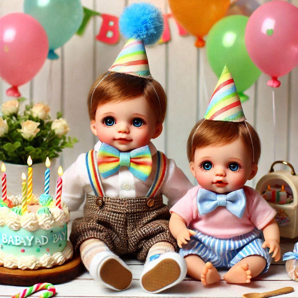 225+ Best Baby Doll Whatsapp Dp 197 A doll wearing a colorful party hat and a bow tie, sitting next to a tiny birthday cake