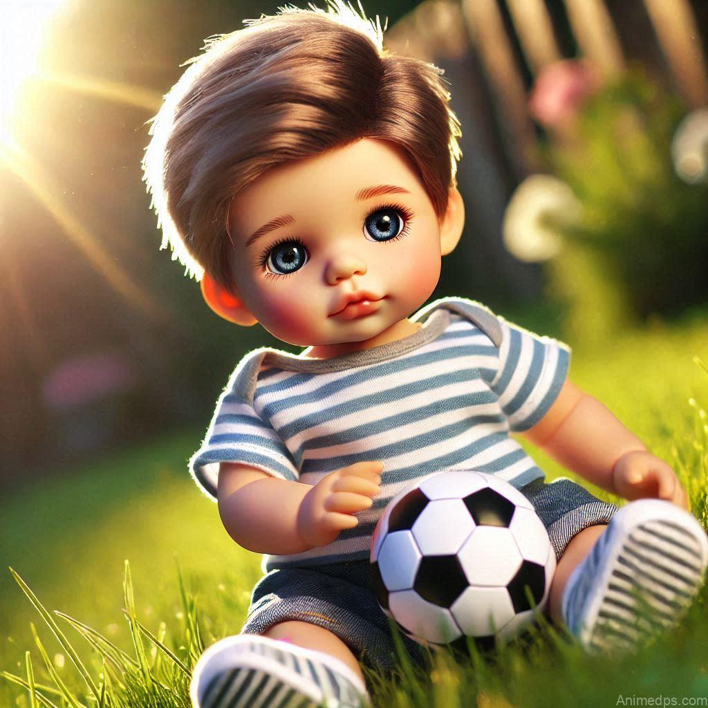 225+ Best Baby Doll Whatsapp Dp 155 A baby boy doll in a casual striped t-shirt and shorts, holding a tiny soccer ball, sitting on a patch of green grass