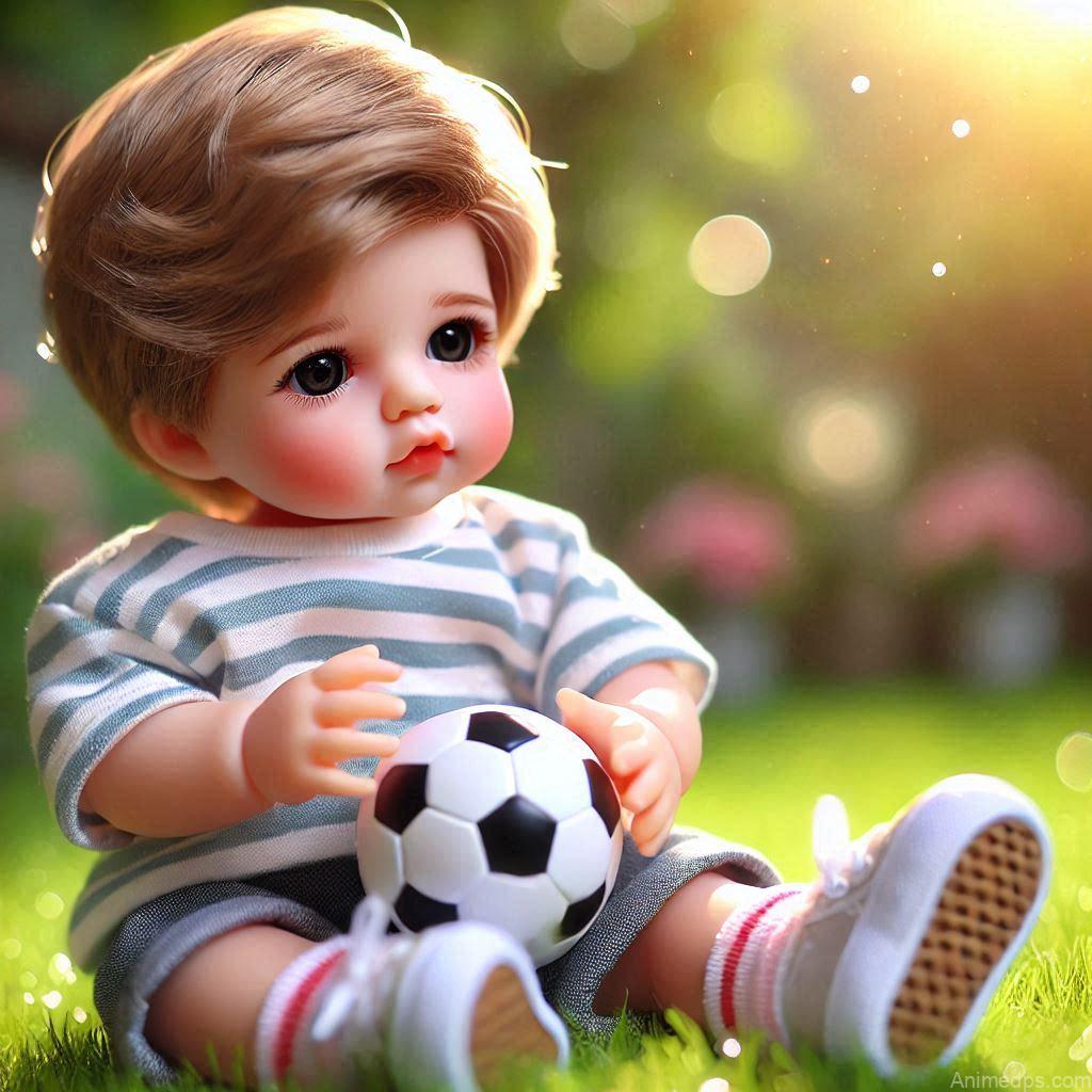 225+ Best Baby Doll Whatsapp Dp 156 A baby boy doll in a casual striped t-shirt and shorts, holding a tiny soccer ball, sitting on a patch of green grass.