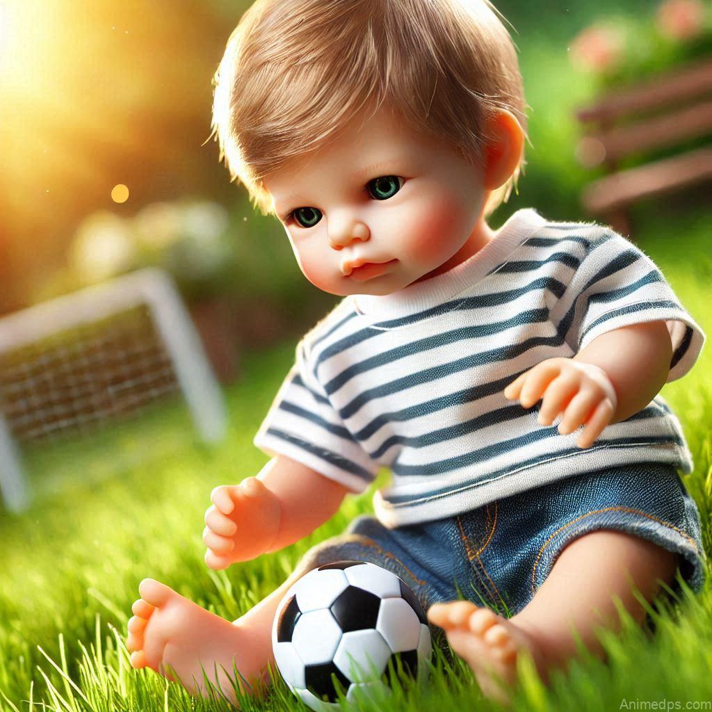 225+ Best Baby Doll Whatsapp Dp 157 A baby boy doll in a casual striped t-shirt and shorts, holding a tiny soccer ball, sitting on a patch of green grass