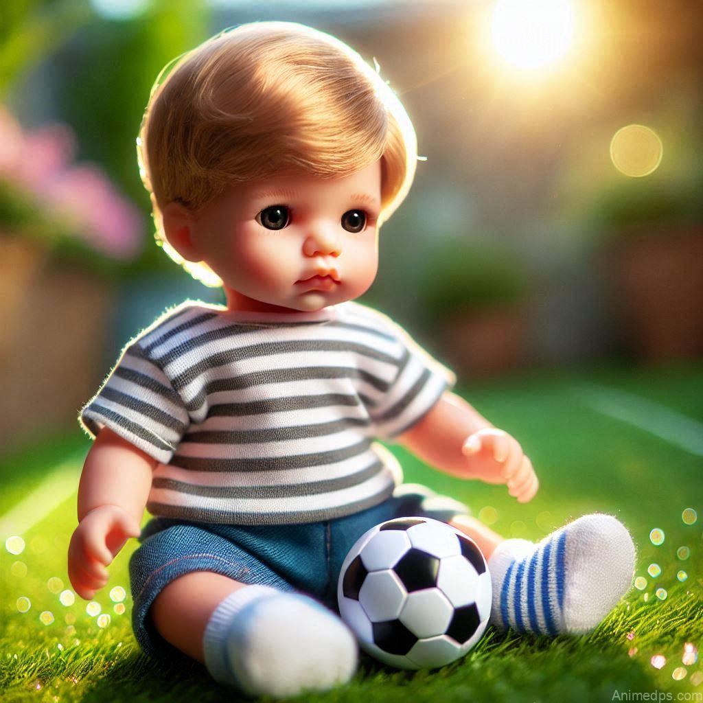 225+ Best Baby Doll Whatsapp Dp 158 A baby boy doll in a casual striped t-shirt and shorts, holding a tiny soccer ball, sitting on a patch of green grass