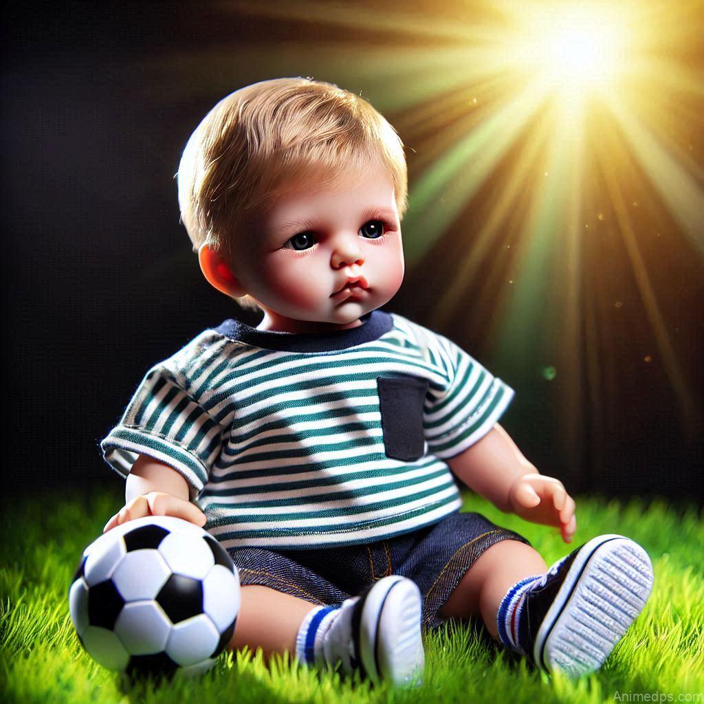 225+ Best Baby Doll Whatsapp Dp 159 A baby boy doll in a casual striped t-shirt and shorts, holding a tiny soccer ball, sitting on a patch of green grass