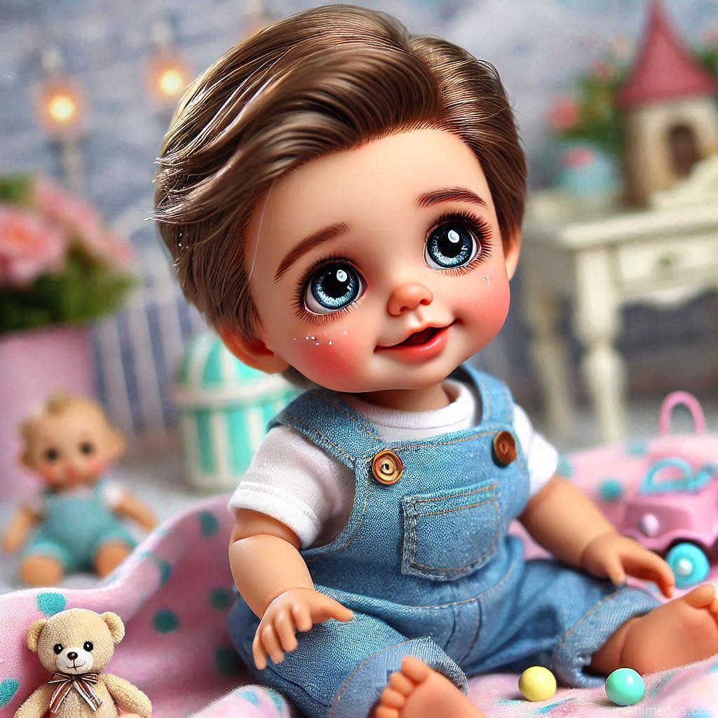 225+ Best Baby Doll Whatsapp Dp 160 A cute baby boy doll with big sparkling eyes and a cheeky smile, dressed in a blue dungaree outfit