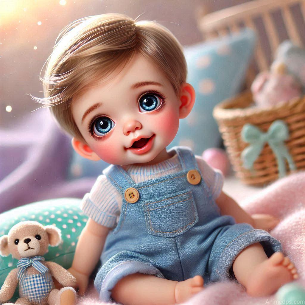 225+ Best Baby Doll Whatsapp Dp 161 A cute baby boy doll with big sparkling eyes and a cheeky smile, dressed in a blue dungaree outfit