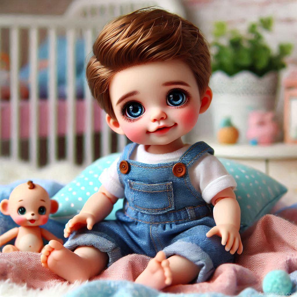 225+ Best Baby Doll Whatsapp Dp 162 A cute baby boy doll with big sparkling eyes and a cheeky smile, dressed in a blue dungaree outfit