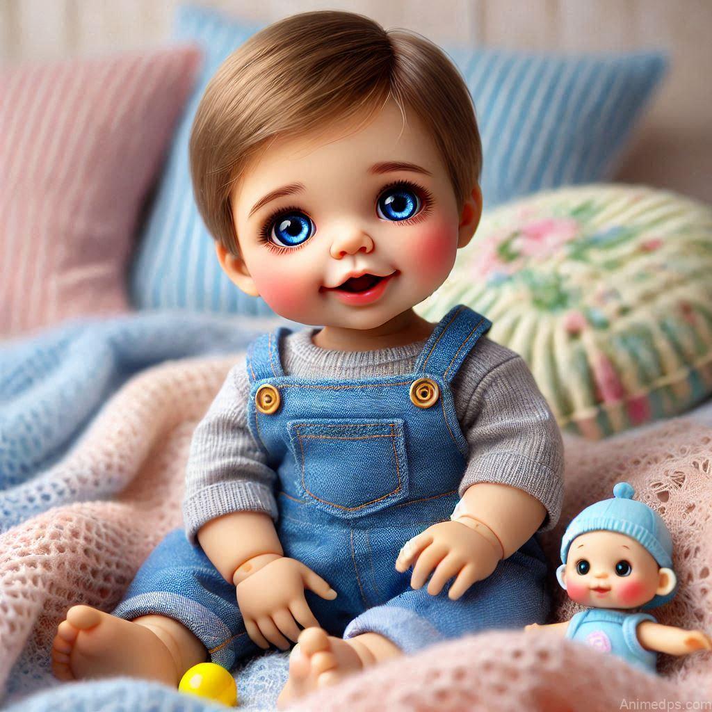 225+ Best Baby Doll Whatsapp Dp 163 A cute baby boy doll with big sparkling eyes and a cheeky smile, dressed in a blue dungaree outfit.