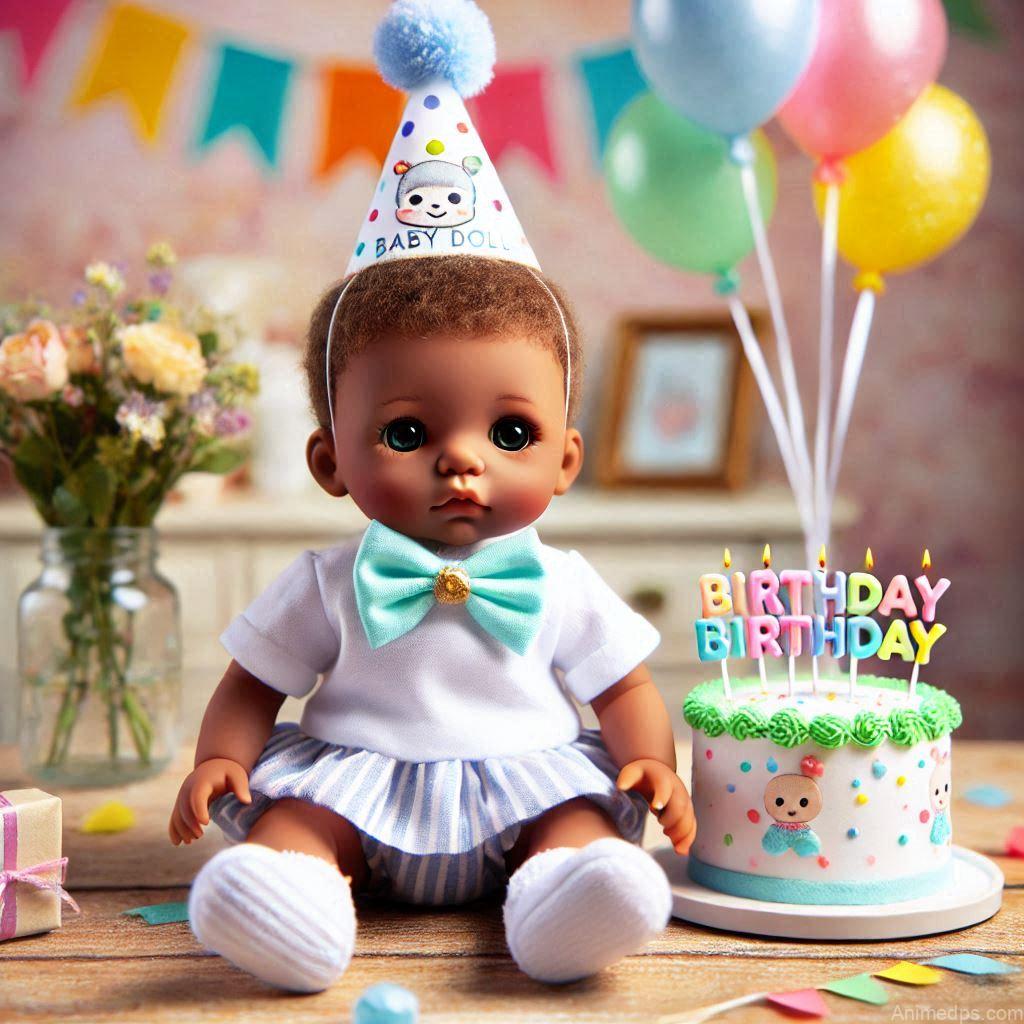 225+ Best Baby Doll Whatsapp Dp 180 A doll wearing a colorful party hat and a bow tie, sitting next to a tiny birthday cake