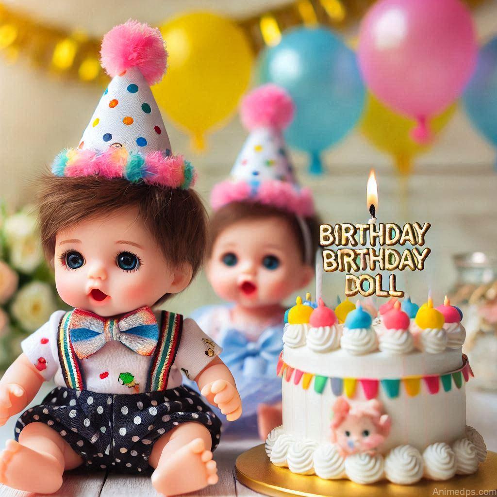 225+ Best Baby Doll Whatsapp Dp 181 A doll wearing a colorful party hat and a bow tie, sitting next to a tiny birthday cake