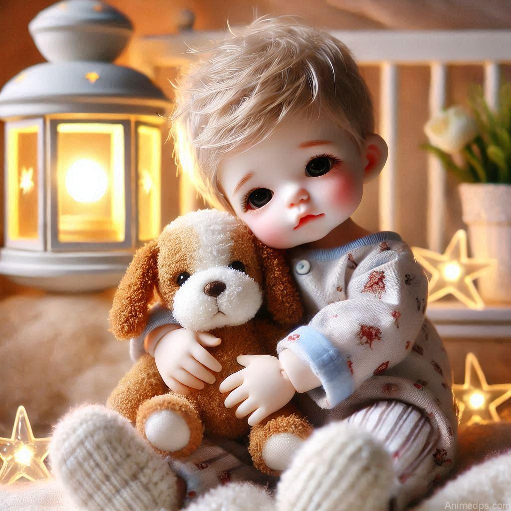 225+ Best Baby Doll Whatsapp Dp 182 A simple yet adorable baby doll in a blue onesie with tiny bear prints, holding a soft plush toy