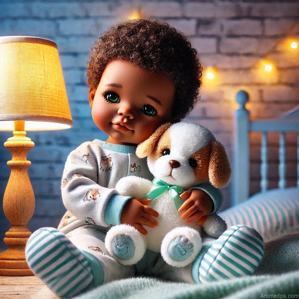 225+ Best Baby Doll Whatsapp Dp 183 A simple yet adorable baby doll in a blue onesie with tiny bear prints, holding a soft plush toy