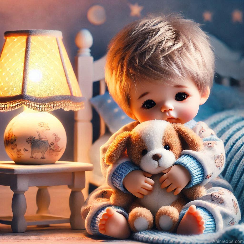 225+ Best Baby Doll Whatsapp Dp 184 A simple yet adorable baby doll in a blue onesie with tiny bear prints, holding a soft plush toy