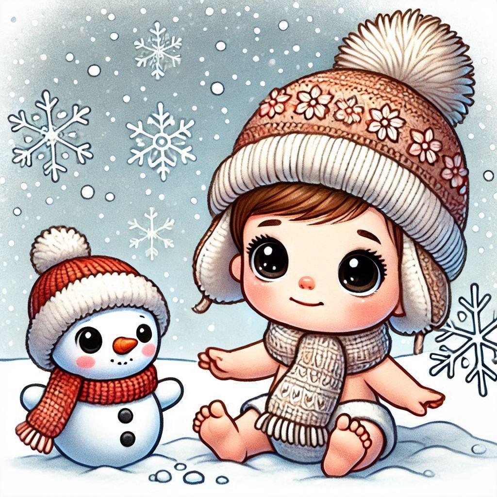 225+ Best Baby Doll Whatsapp Dp 213 A cozy cartoon baby doll in a tiny scarf and hat, playing in the snow with a cartoon snowman