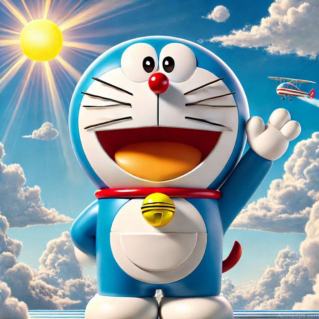 225+ Best Baby Doll Whatsapp Dp 223 A cheerful Doraemon standing upright with his signature smile, wearing his blue body suit with a red nose, collar bell,