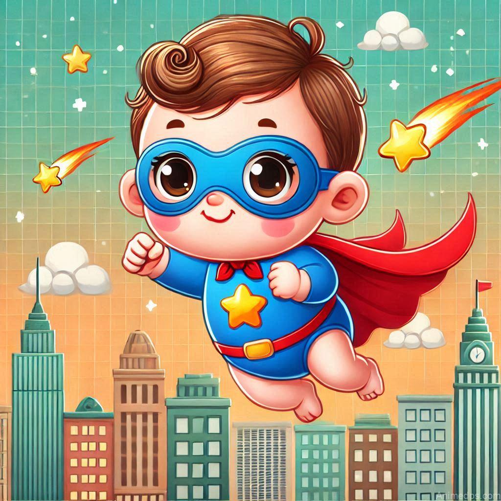 225+ Best Baby Doll Whatsapp Dp 224 A cartoon baby doll dressed in a tiny superhero cape and mask, flying in a dynamic pose