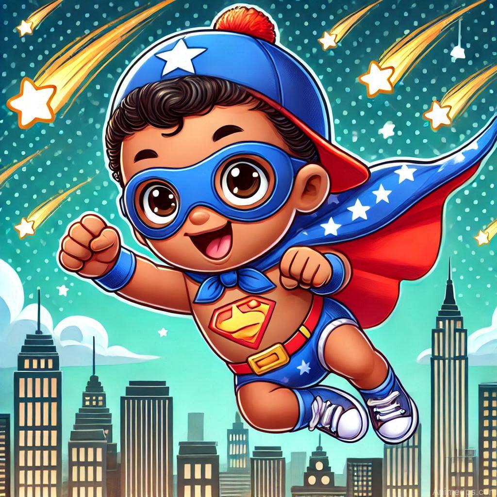 225+ Best Baby Doll Whatsapp Dp 199 A cartoon baby doll dressed in a tiny superhero cape and mask, flying in a dynamic pose