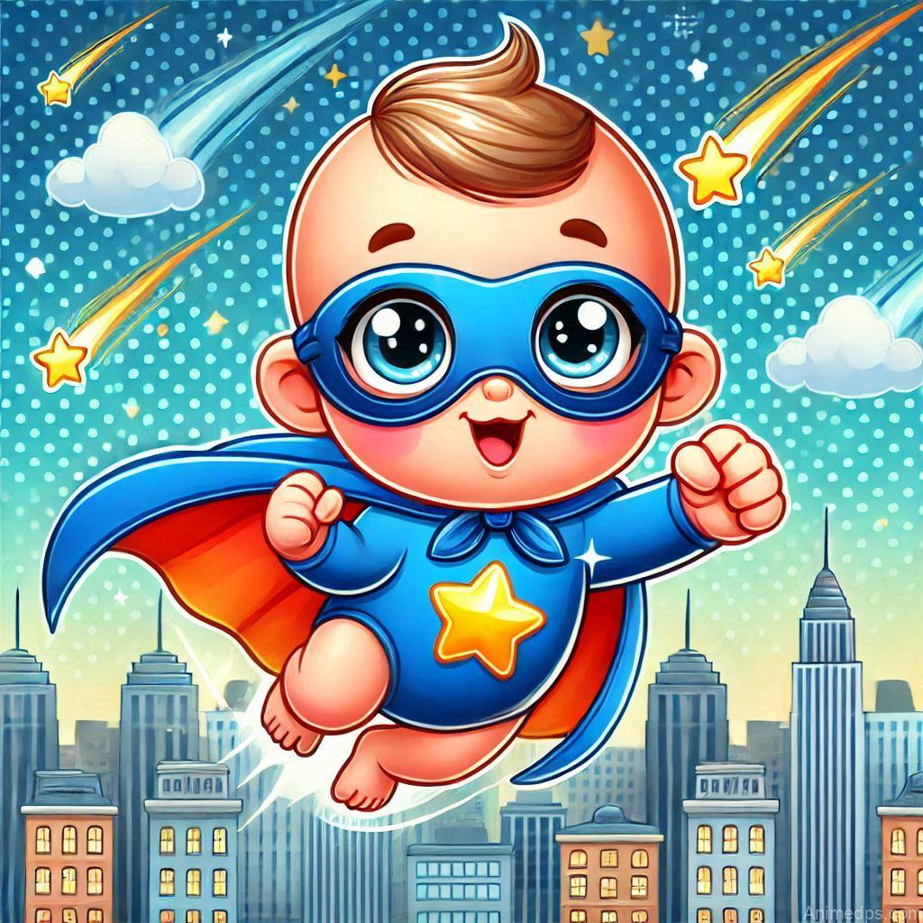 225+ Best Baby Doll Whatsapp Dp 200 A cartoon baby doll dressed in a tiny superhero cape and mask, flying in a dynamic pose