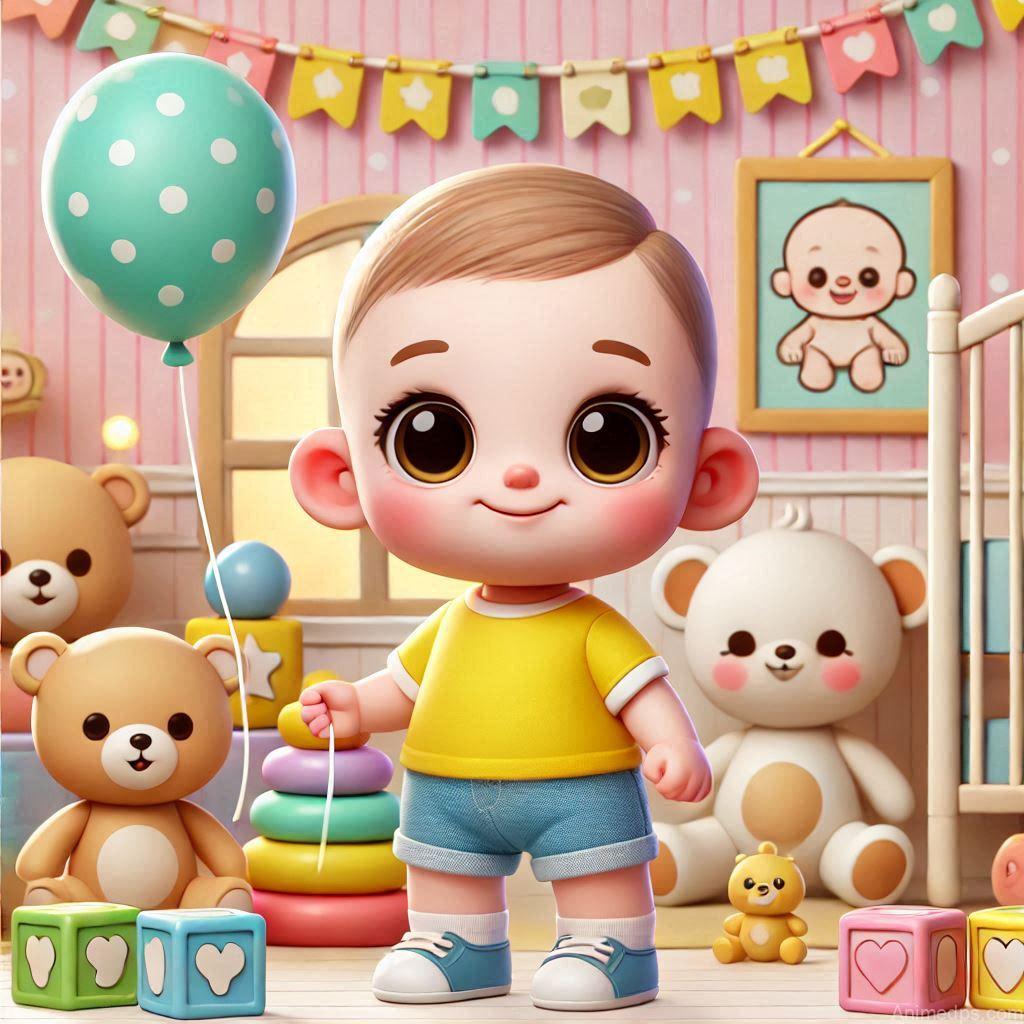 225+ Best Baby Doll Whatsapp Dp 201 A cheerful cartoon baby doll wearing a yellow t-shirt and blue shorts, holding a balloon
