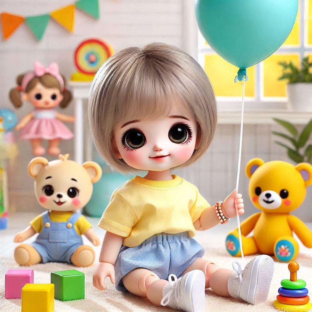 225+ Best Baby Doll Whatsapp Dp 202 A cheerful cartoon baby doll wearing a yellow t-shirt and blue shorts, holding a balloon
