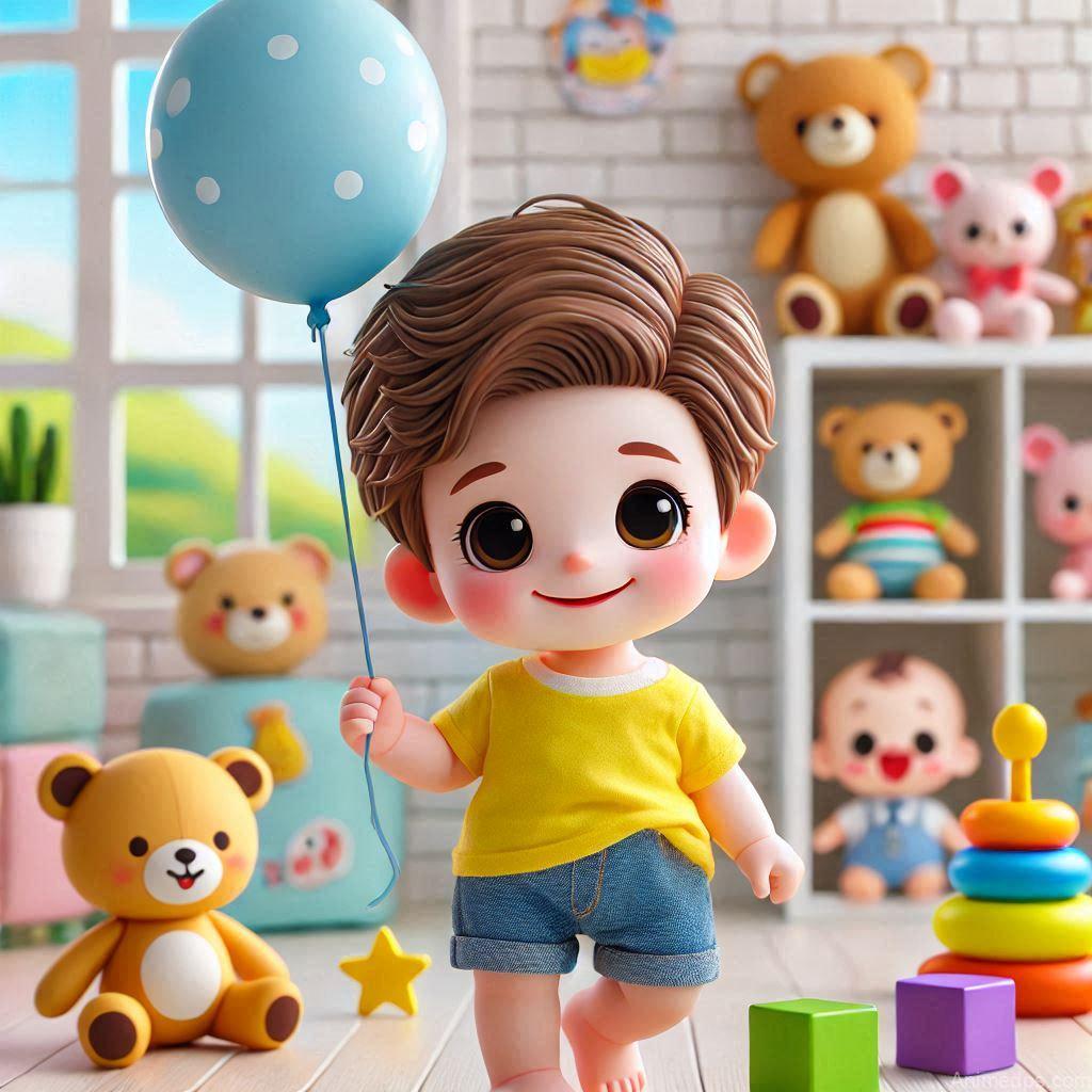 225+ Best Baby Doll Whatsapp Dp 203 A cheerful cartoon baby doll wearing a yellow t-shirt and blue shorts, holding a balloon