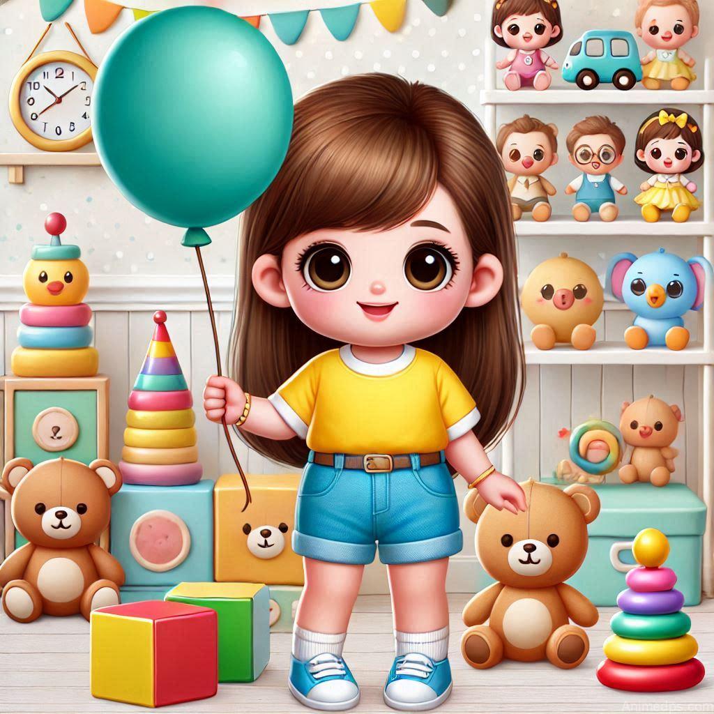 225+ Best Baby Doll Whatsapp Dp 204 A cheerful cartoon baby doll wearing a yellow t-shirt and blue shorts, holding a balloon