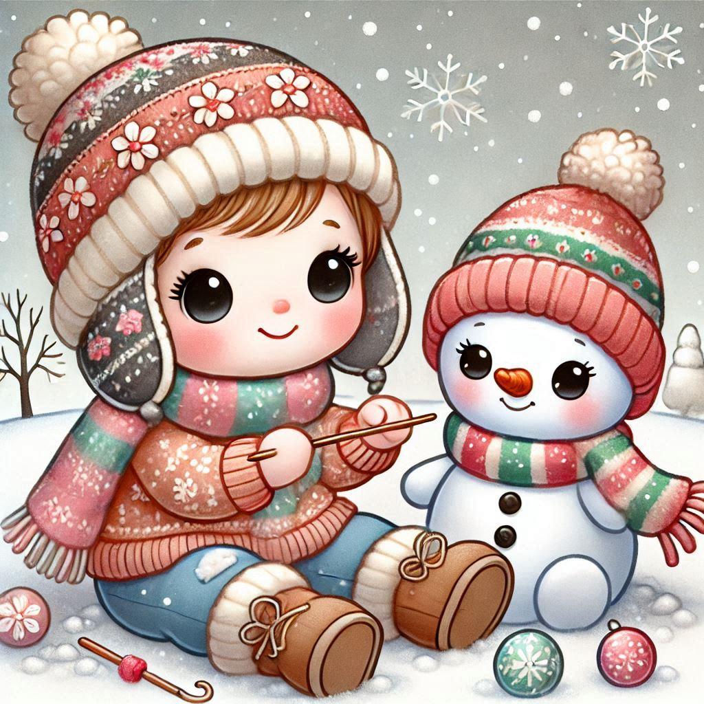 225+ Best Baby Doll Whatsapp Dp 214 A cozy cartoon baby doll in a tiny scarf and hat, playing in the snow with a cartoon snowman