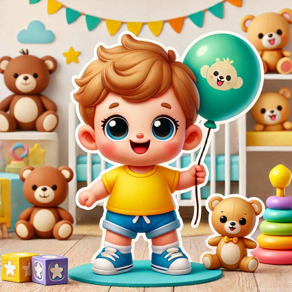 225+ Best Baby Doll Whatsapp Dp 205 A cheerful cartoon baby doll wearing a yellow t-shirt and blue shorts, holding a balloon