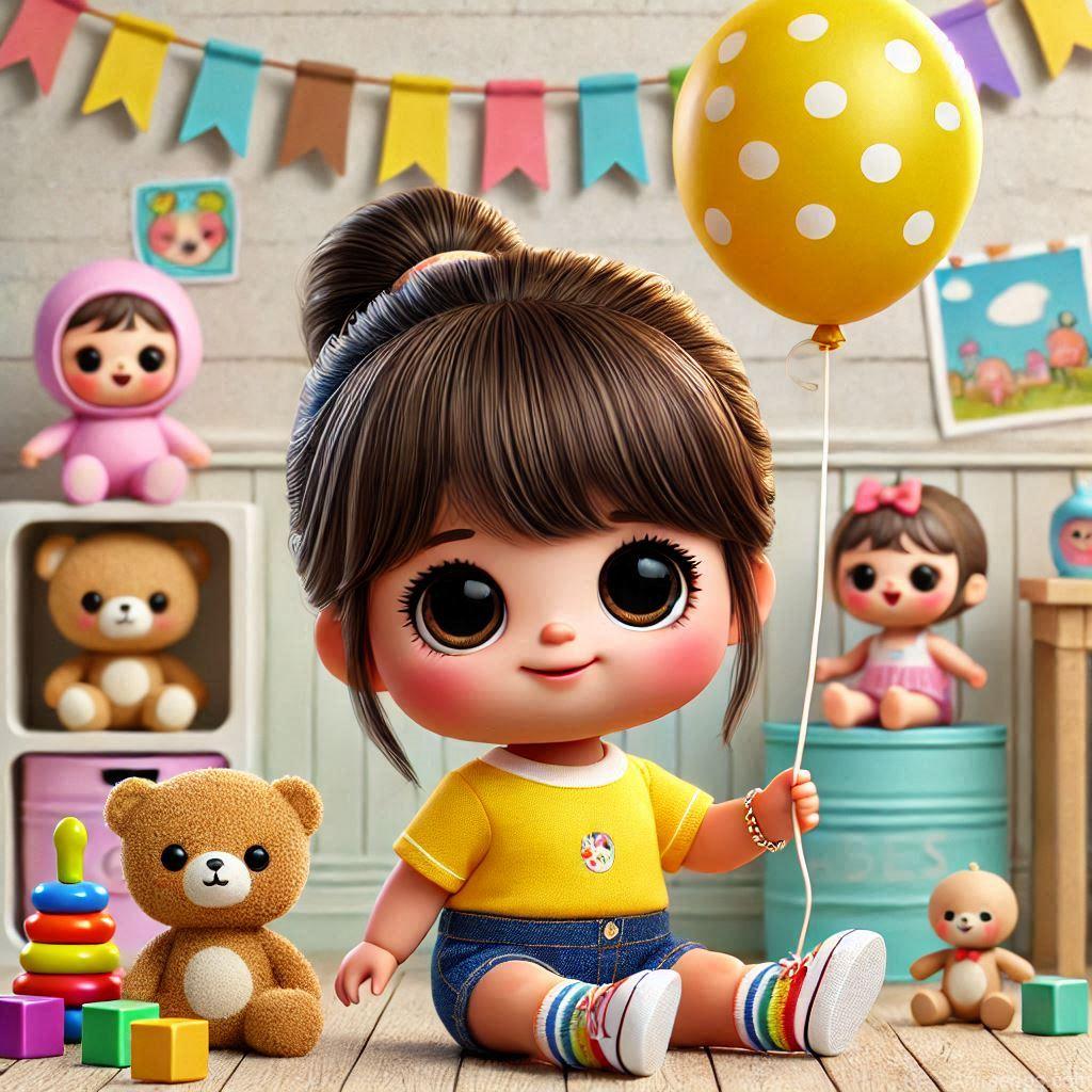 225+ Best Baby Doll Whatsapp Dp 206 A cheerful cartoon baby doll wearing a yellow t-shirt and blue shorts, holding a balloon