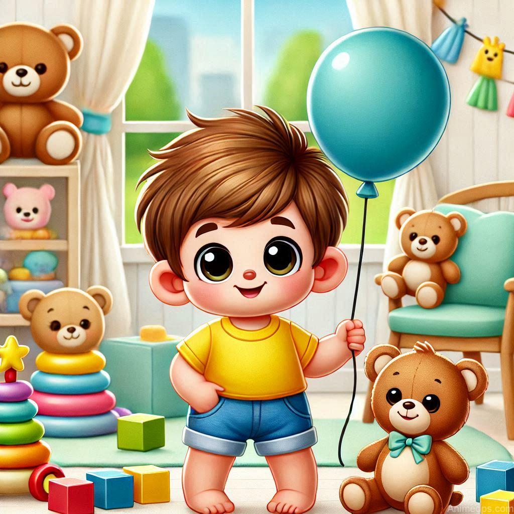225+ Best Baby Doll Whatsapp Dp 207 A cheerful cartoon baby doll wearing a yellow t-shirt and blue shorts, holding a balloon