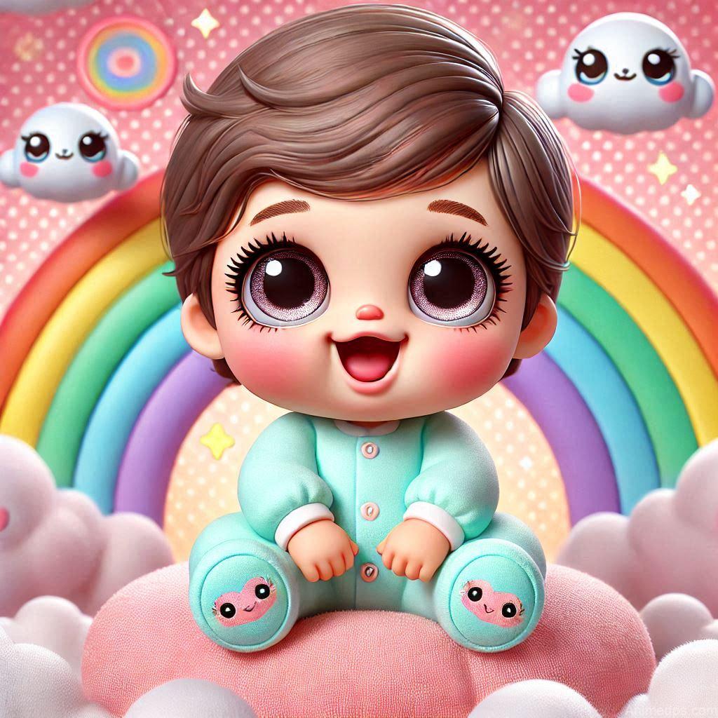 225+ Best Baby Doll Whatsapp Dp 208 A chubby-cheeked cartoon baby doll with big, sparkling eyes and a wide smile, dressed in a cute pastel onesie