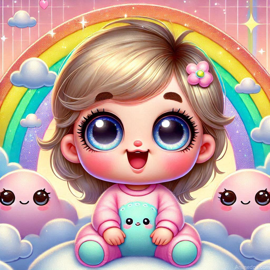 225+ Best Baby Doll Whatsapp Dp 209 A chubby-cheeked cartoon baby doll with big, sparkling eyes and a wide smile, dressed in a cute pastel onesie