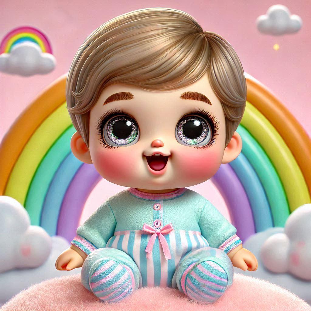 225+ Best Baby Doll Whatsapp Dp 210 A chubby-cheeked cartoon baby doll with big, sparkling eyes and a wide smile, dressed in a cute pastel onesie