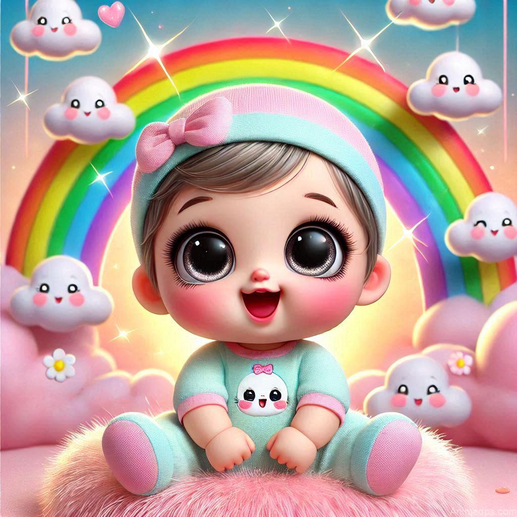 225+ Best Baby Doll Whatsapp Dp 211 A chubby-cheeked cartoon baby doll with big, sparkling eyes and a wide smile, dressed in a cute pastel onesie