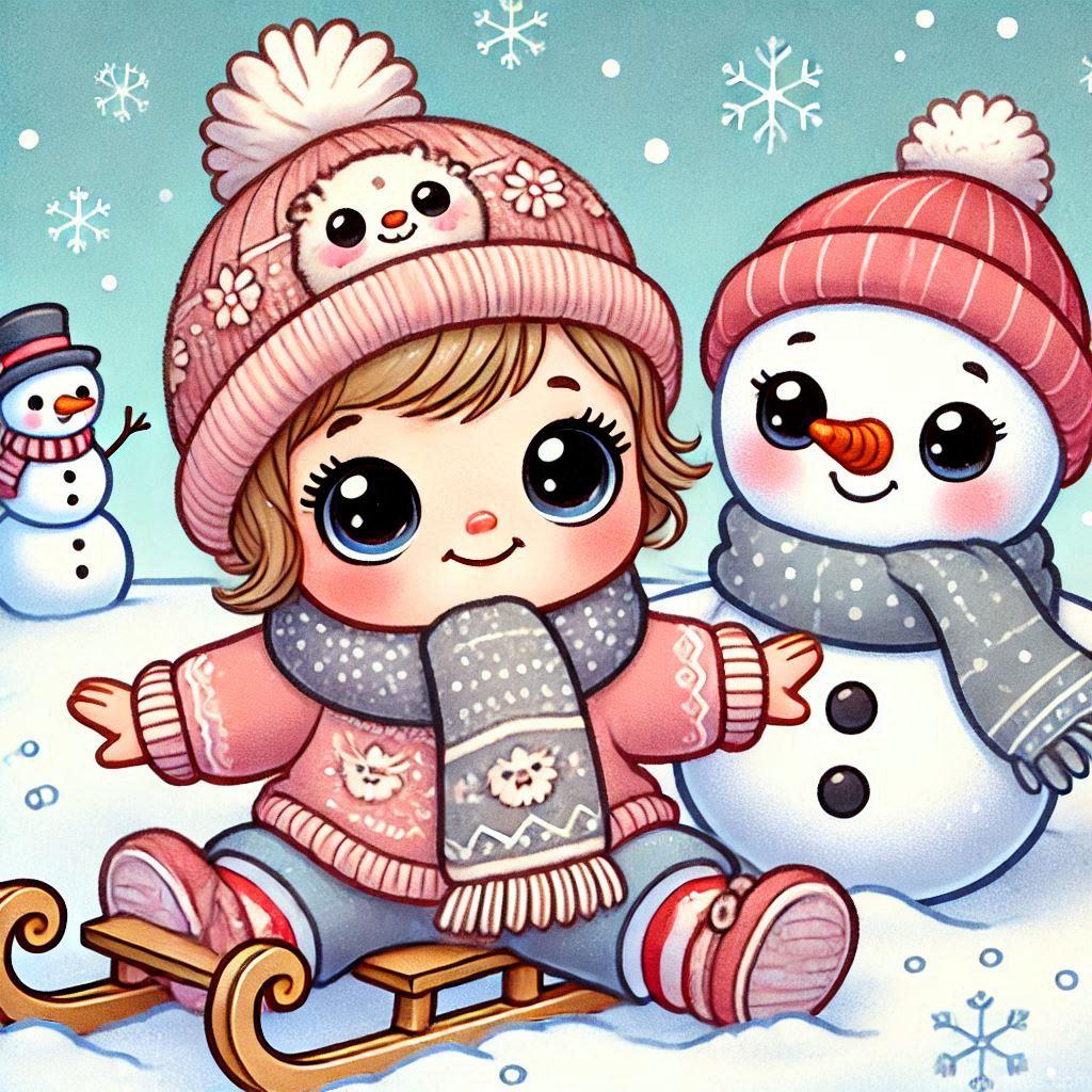 225+ Best Baby Doll Whatsapp Dp 215 A cozy cartoon baby doll in a tiny scarf and hat, playing in the snow with a cartoon snowman