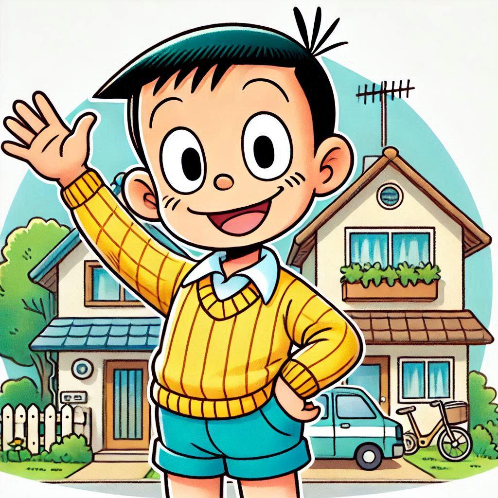 225+ Best Baby Doll Whatsapp Dp 216 A cheerful Nobita wearing his yellow sweater and blue shorts, waving with a bright smile, standing in front of a simple cartoon-style