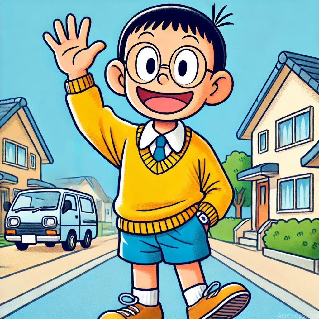 225+ Best Baby Doll Whatsapp Dp 217 A cheerful Nobita wearing his yellow sweater and blue shorts, waving with a bright smile, standing in front of a simple cartoon-style